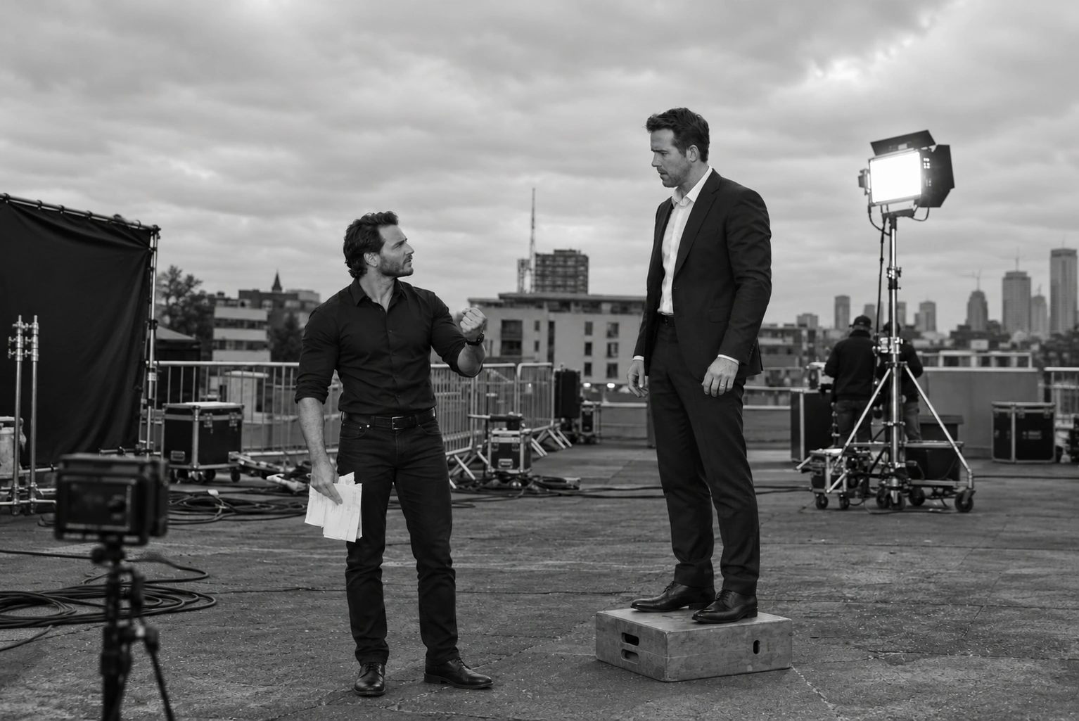 A black-and-white rooftop film set with a director and performer beside lighting equipment